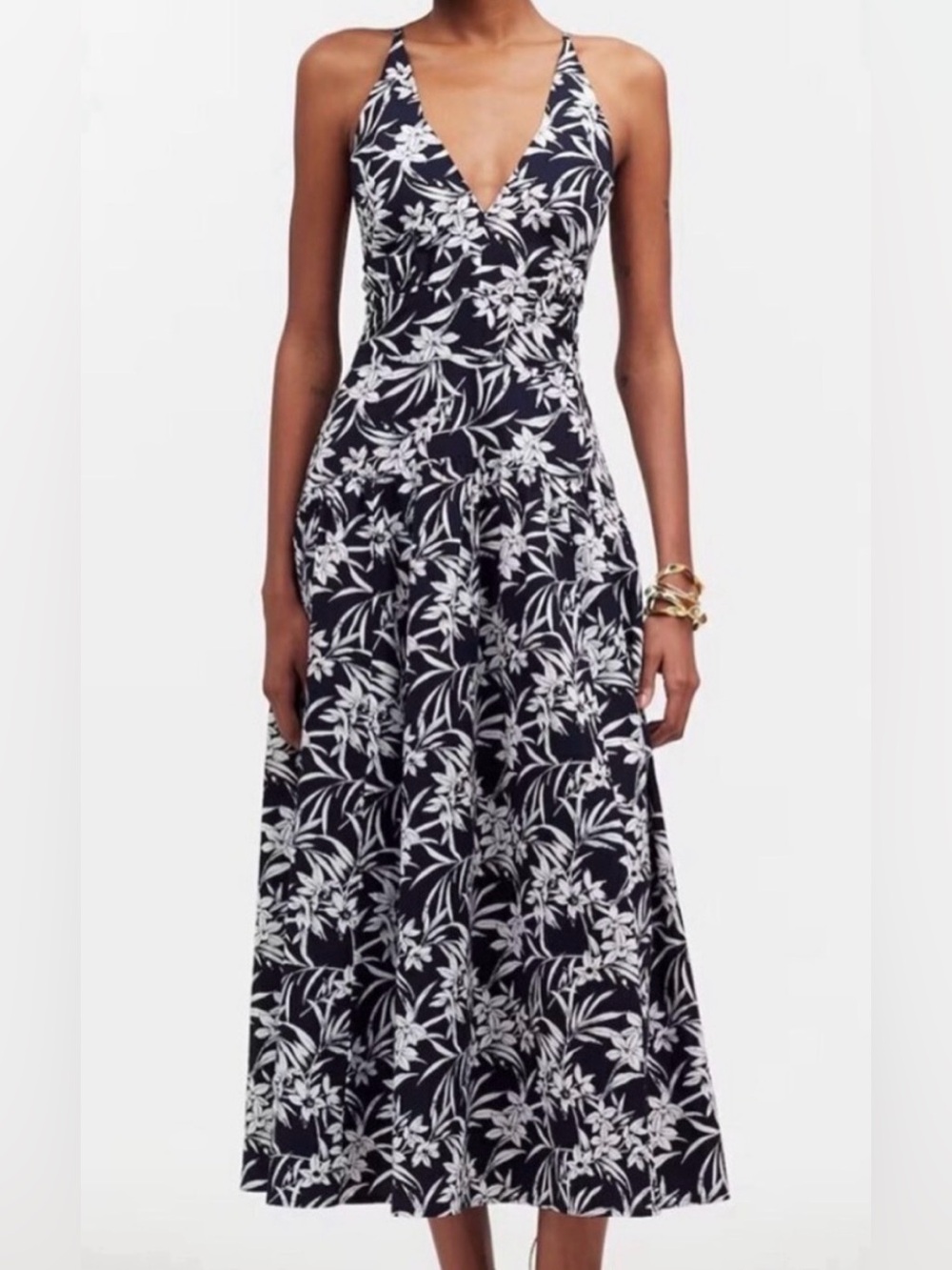 NWOT Madewell Navy & White Floral Halter Midi Dress with V-Neck
